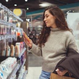 Young woman browsing health and beauty products such as cosmetics inside a drugstore.